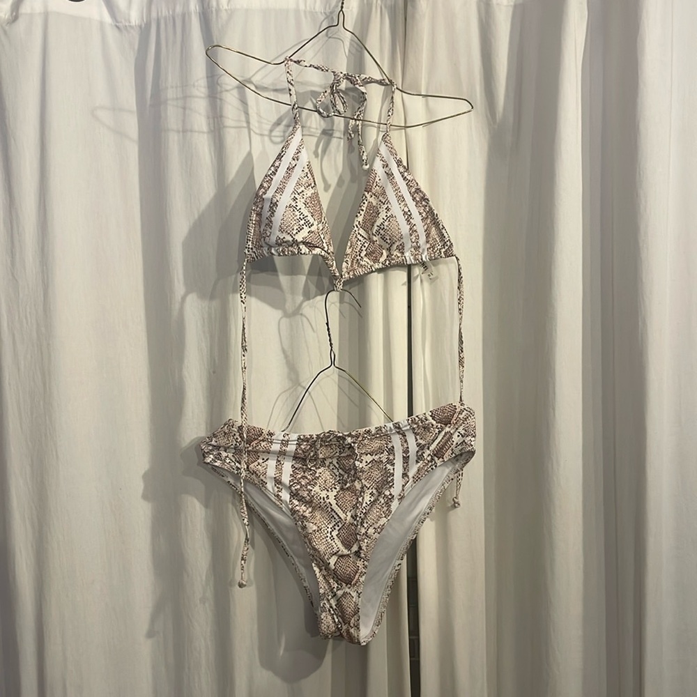 Tan Snake Skin and White Stripe Two Piece Triangle Bikini. Size Large.